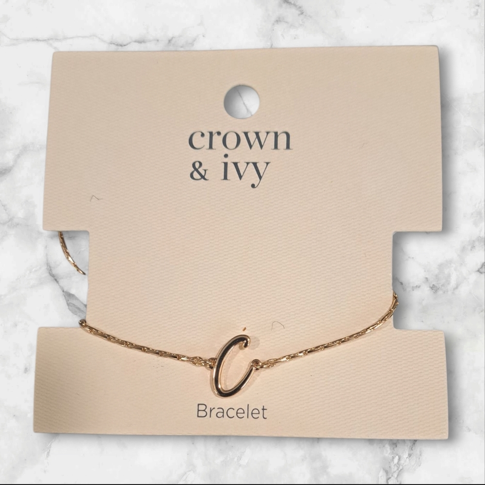 NWT Crown & Ivy:  Gold Initial Adjustable Bracelet-C